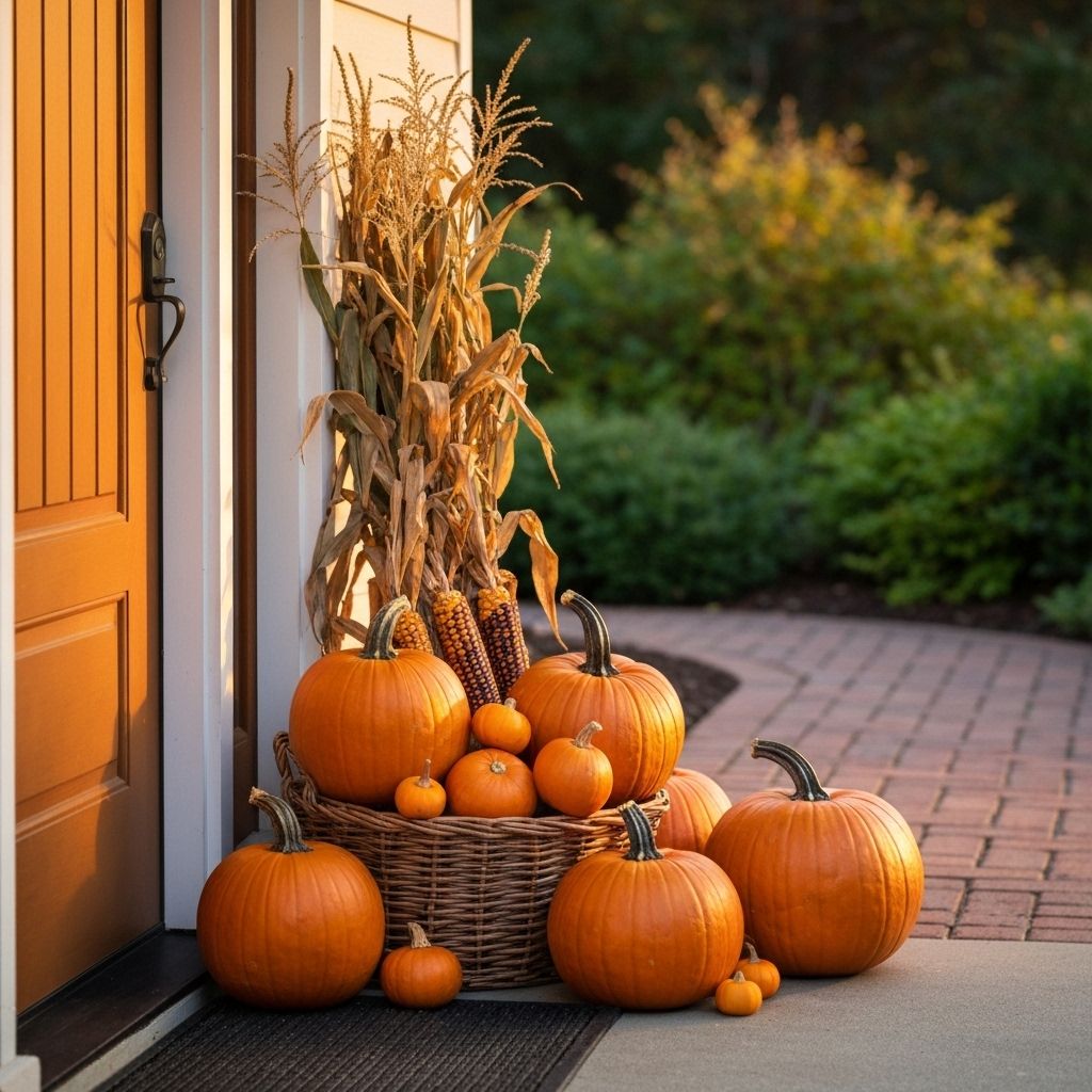 Home entrance with fall pumpkins