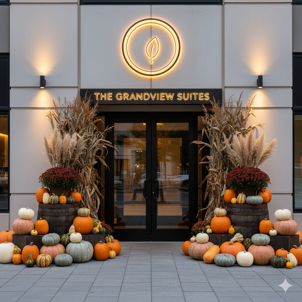 Professional fall pumpkin display at commercial building entrance