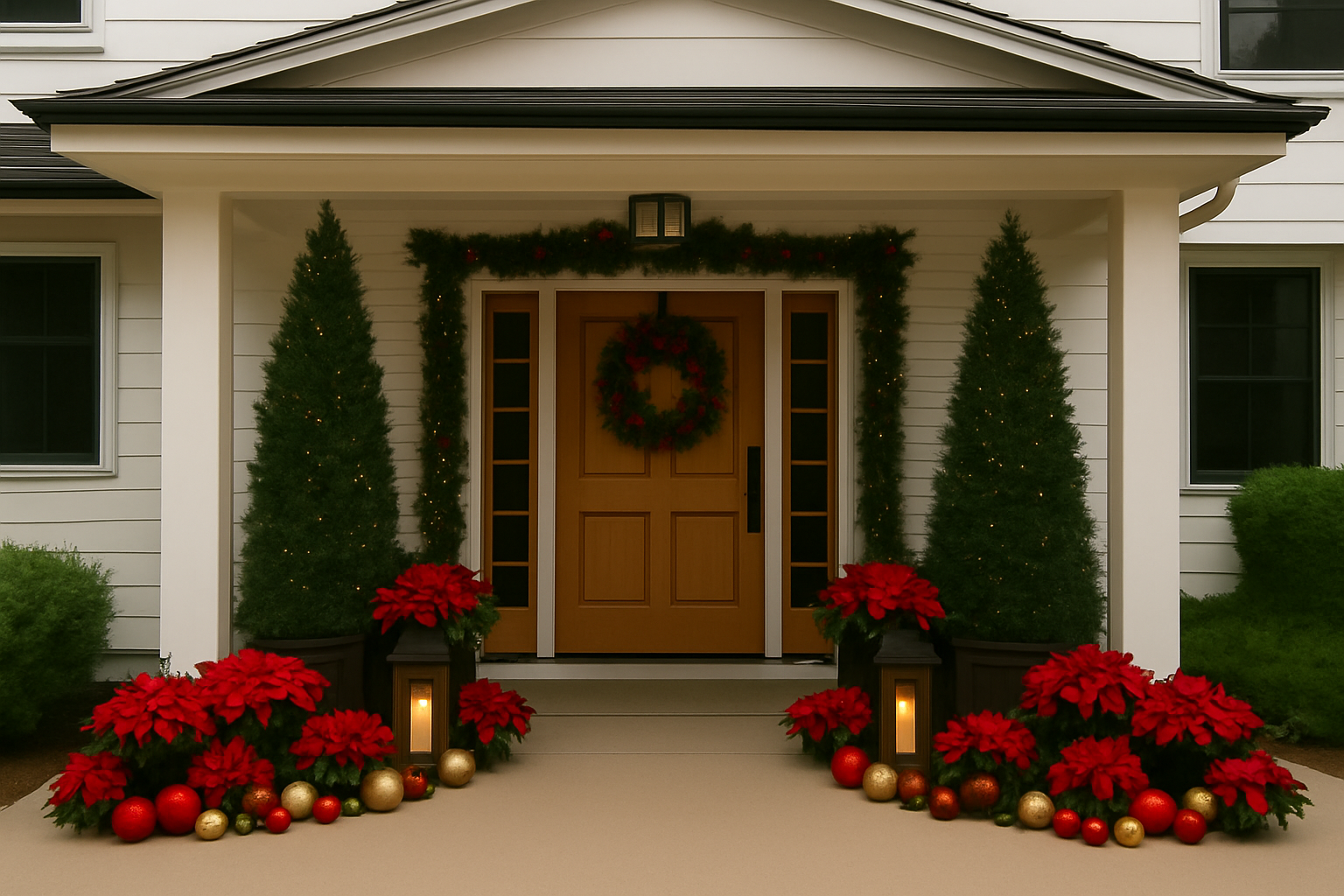 Christmas display with evergreen trees, fresh garland, wreath, and red poinsettias