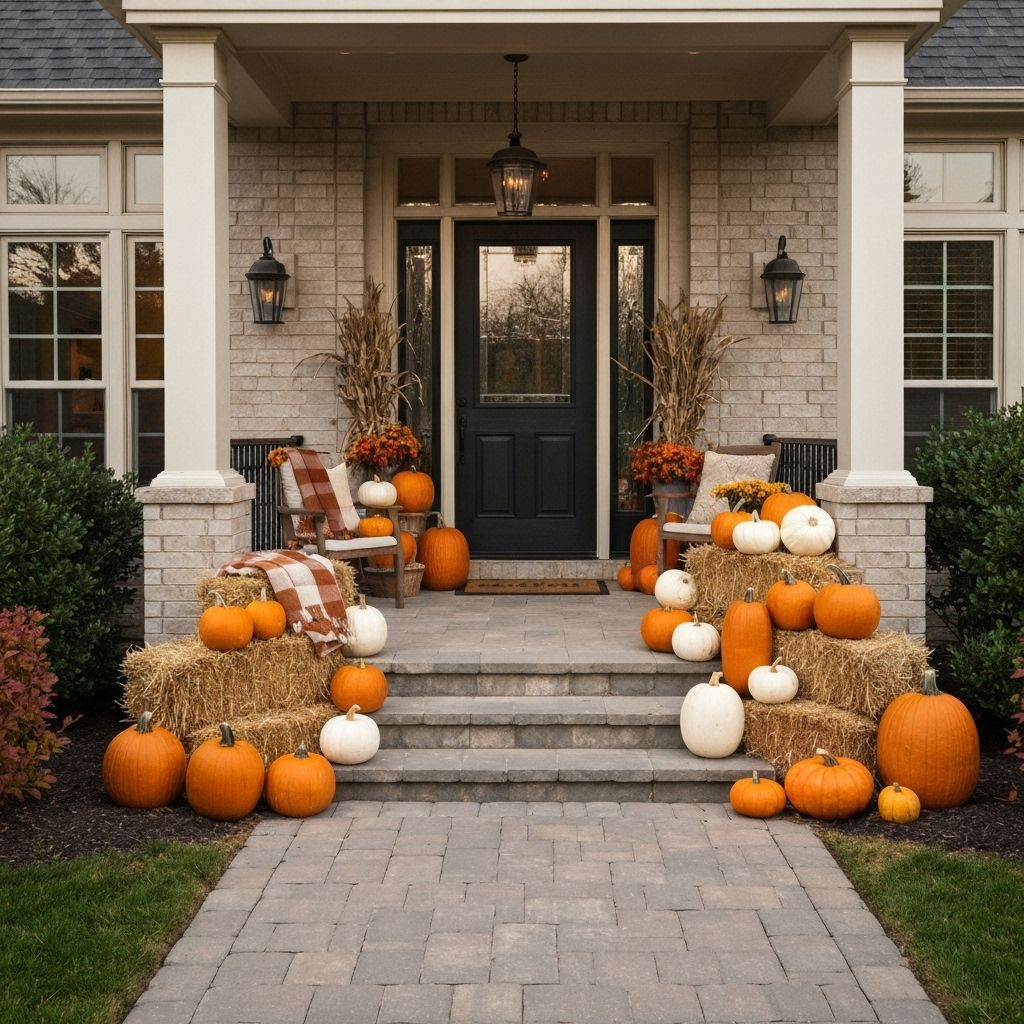 Beautiful front porch with fall pumpkin display