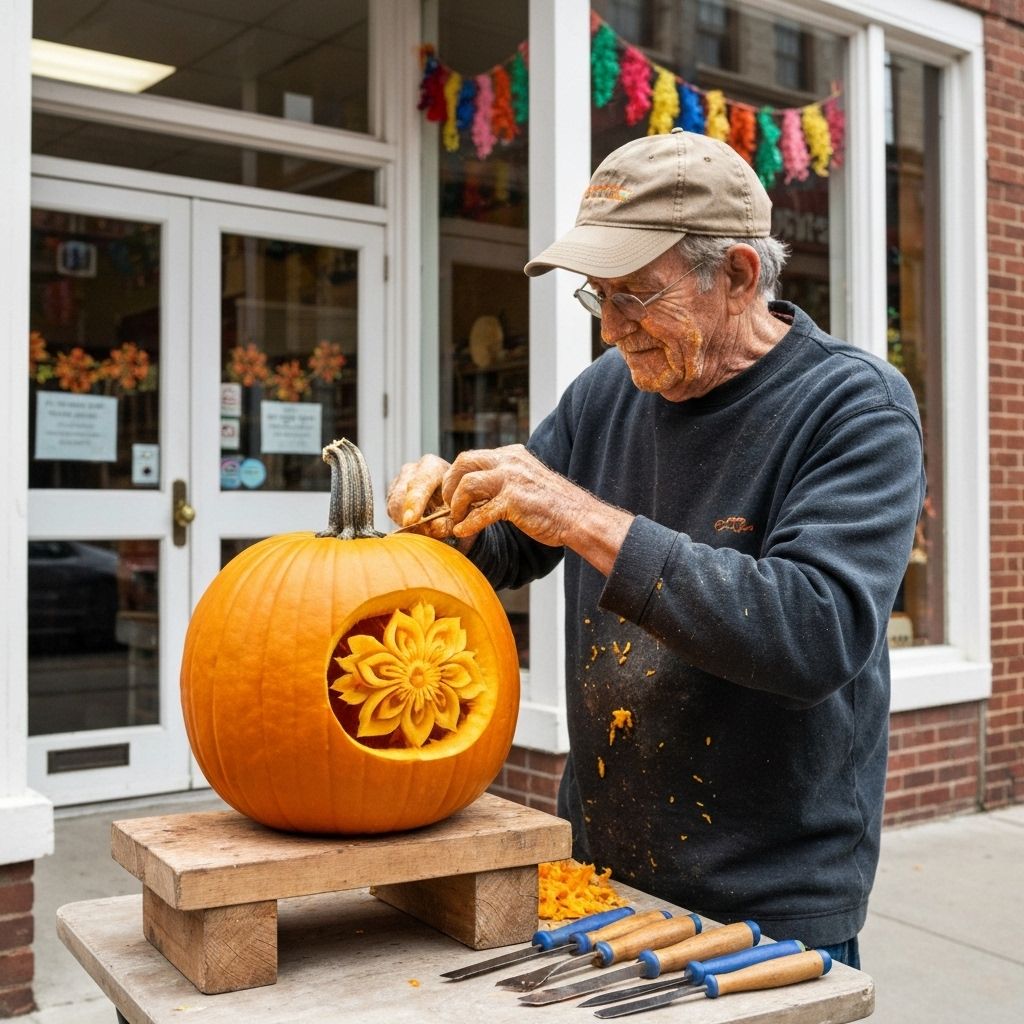 Business storefront with pumpkins