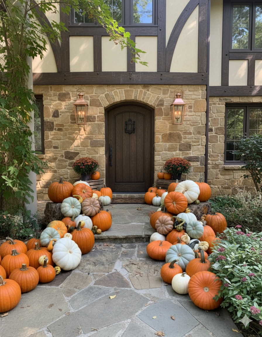 Tudor-style home with stone archway entrance decorated with pumpkins